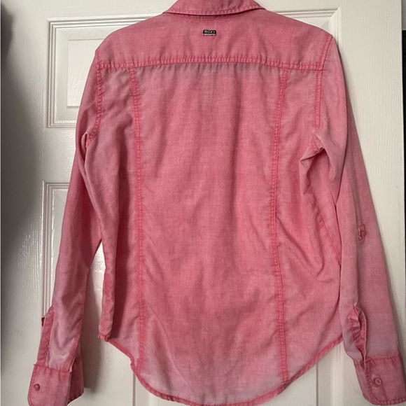 Roxy Pink Semi-Sheer Button-Up Shirt with Roll Tabs - Picture 2 of 7
